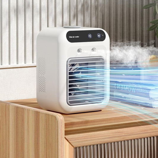 Homís AirCooler Pro providing efficient cooling with airflow visible in a stylish and compact design on a wooden surface.