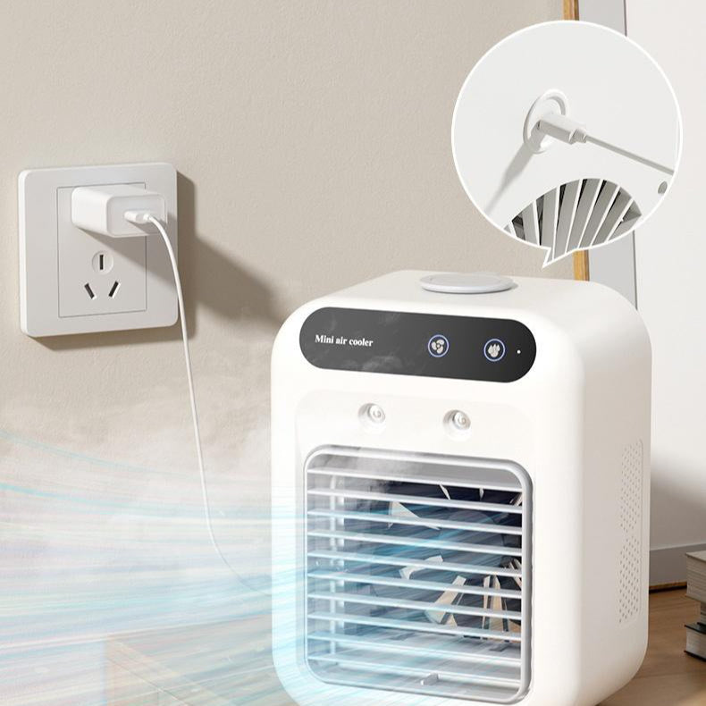 Homís AirCooler Pro being used, showcasing its compact design and powerful airflow while plugged in.